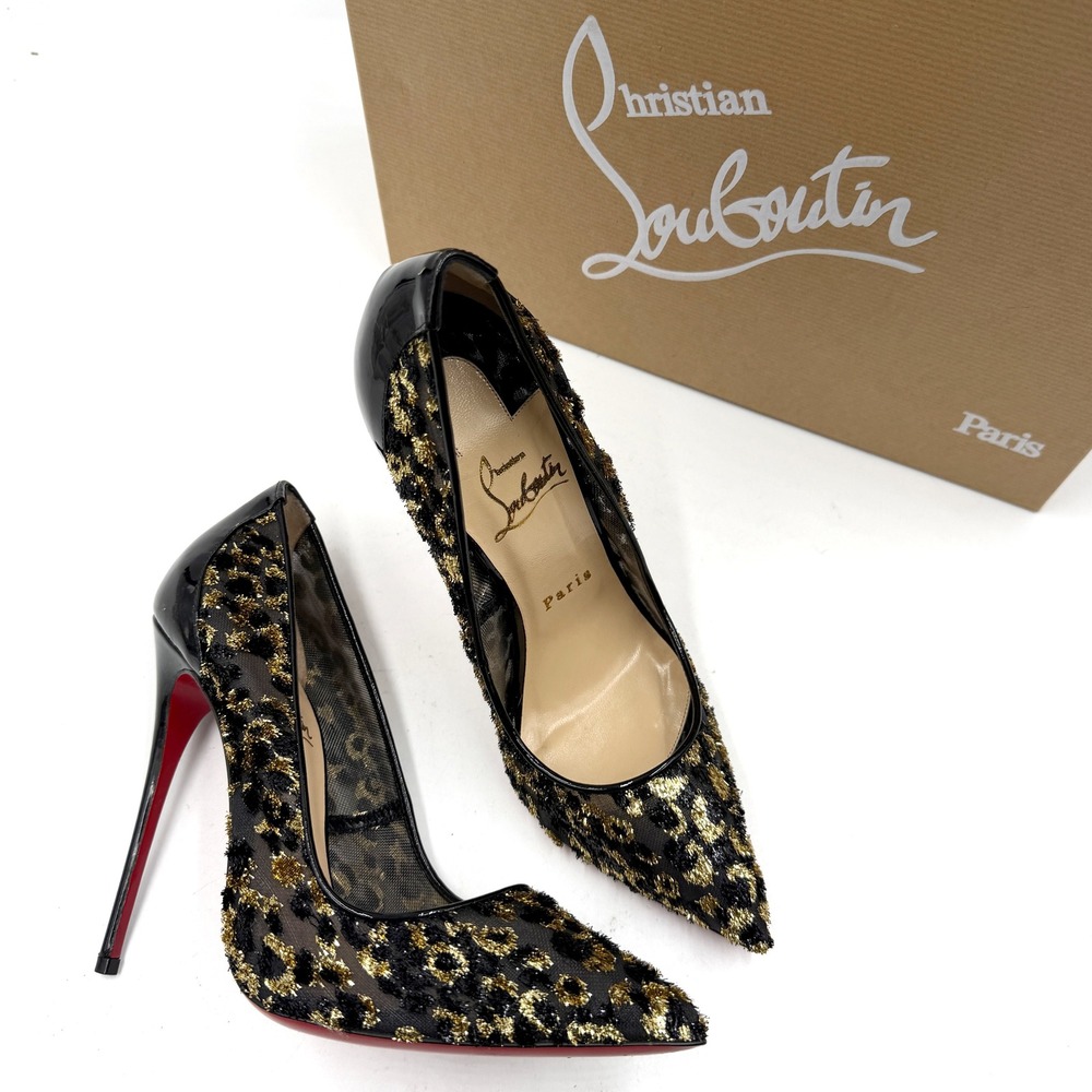 Christian Louboutin Follies Lace 120 Leo Chiffon Patent Gold Black Sz 37.5 / 7.5